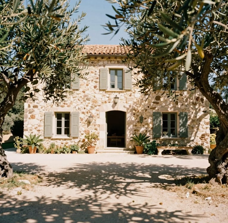 Warm editorial photography of a sun-drenched stone villa in the Var Valley, dappled Mediterranean sunlight through olive branches, soft focus, 35mm film.
