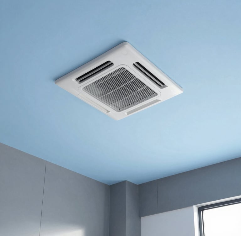 Wide shot of a modern, clean commercial interior with a neatly mounted air conditioning cassette on a high ceiling, bright natural daylight