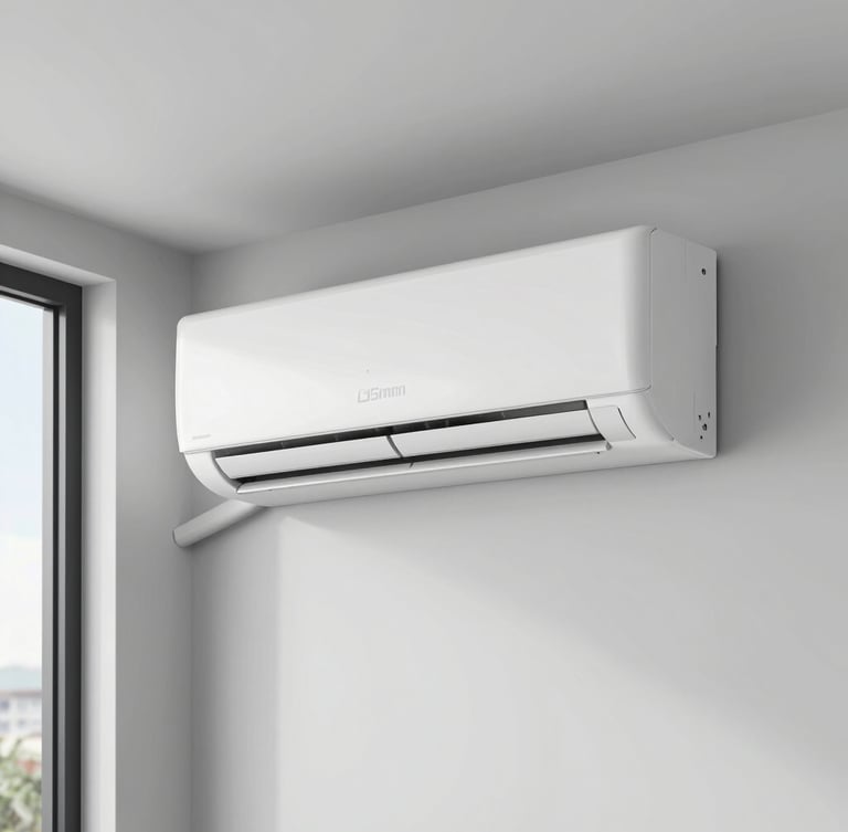 Crisp commercial photography of a modern wall-mounted air conditioning unit in a bright, minimalist office space, clean slate gray tones, sharp focus, 35mm lens