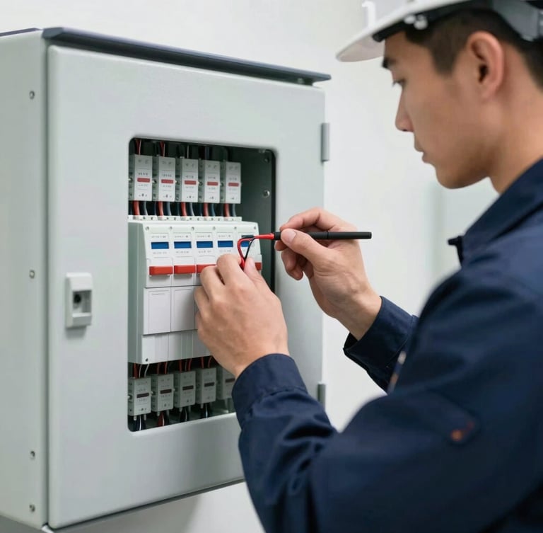 Close-up of a professional engineer in a navy uniform wiring a modern industrial distribution board, clean slate gray background, bright daylight, sharp focus, 35mm lens