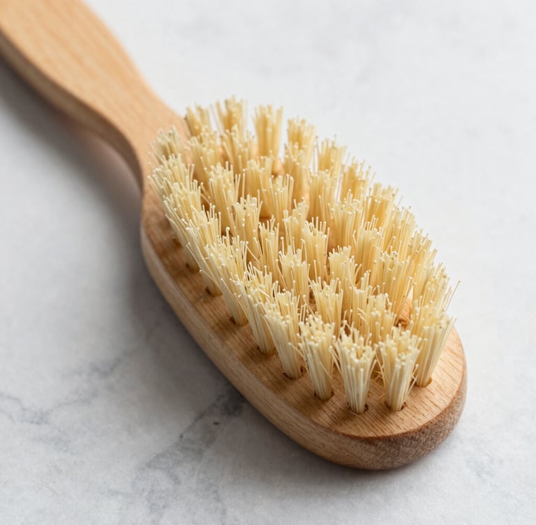 Overhead macro shot of a tactile beechwood scrub brush with stiff natural bristles resting on a light grey marble countertop, bright natural daylight, shallow depth of field