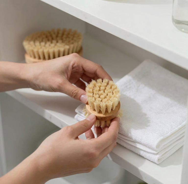 Overhead shot of hands organizing wooden scrubbing brushes and linen towels on a clean marble shelf, bright natural daylight, shallow depth of field.