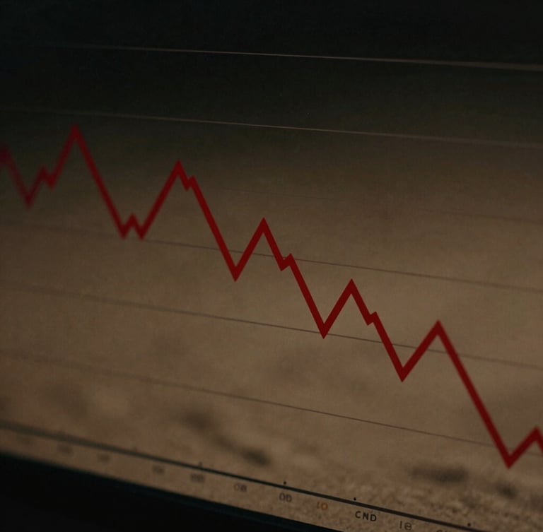 Moody cinematic photography of a simplified financial chart with a single crisp red line path reflecting off dark glass, low-key chiaroscuro lighting, deep charcoal and warm sand tones, 35mm