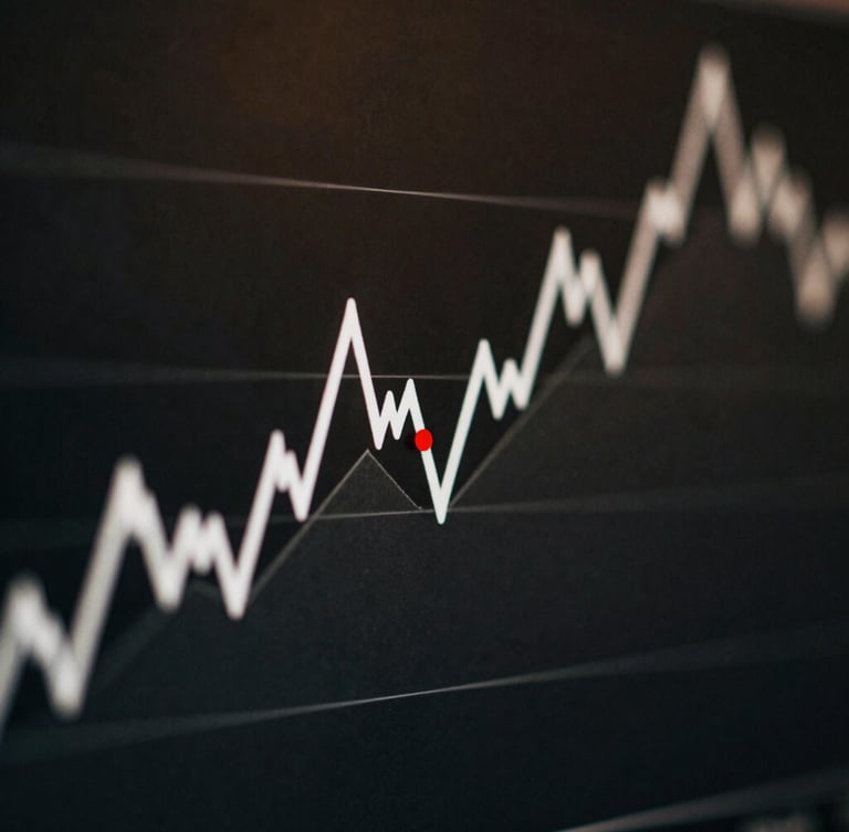 Moody close-up of a simplified financial chart displaying a single stark white line against deep charcoal, with a sharp red focal dot at the pivot point, low-key lighting.