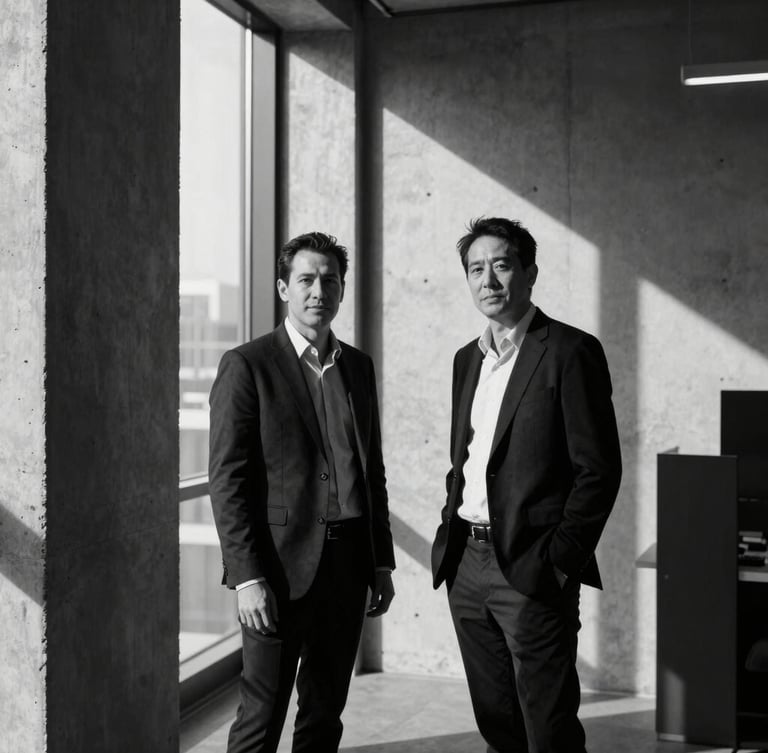 Sharp editorial portrait of two PR partners in a minimalist concrete San Francisco office, high-contrast directional window light, deep shadows, stark black and white, 50mm lens.