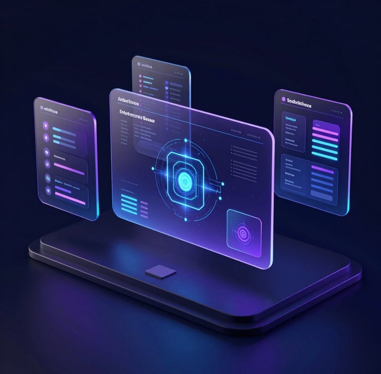 Sleek 3D render of a unified enterprise dashboard interface, glowing neon blue and purple data nodes, floating glassmorphic panels, macro perspective, dark navy background