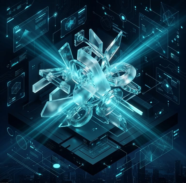 Sleek 3D render of abstract glass structures refracting cyan light, dark mode UI elements, isometric perspective, octane render