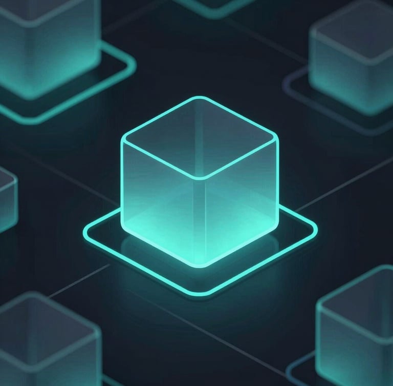 Close-up of a dark mode UI wireframe with glowing cyan lines, abstract 3D glass structures refracting light, isometric perspective, octane render