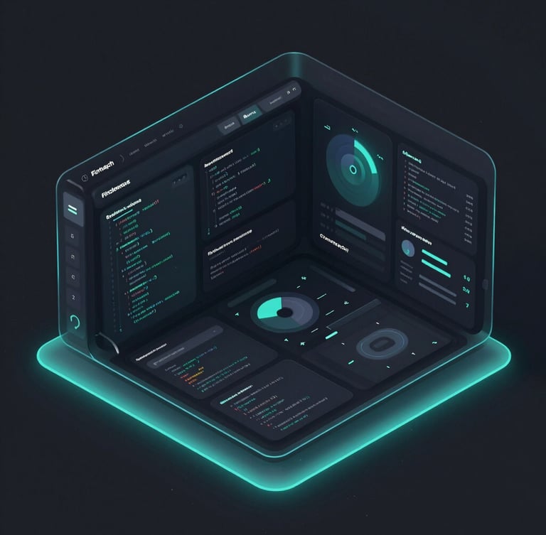 High-fidelity dark UI mockup of a fintech dashboard, displaying complex data visualizations and code snippets, illuminated by subtle cyan neon edge lighting, isometric perspective, sleek 3D render, octane render