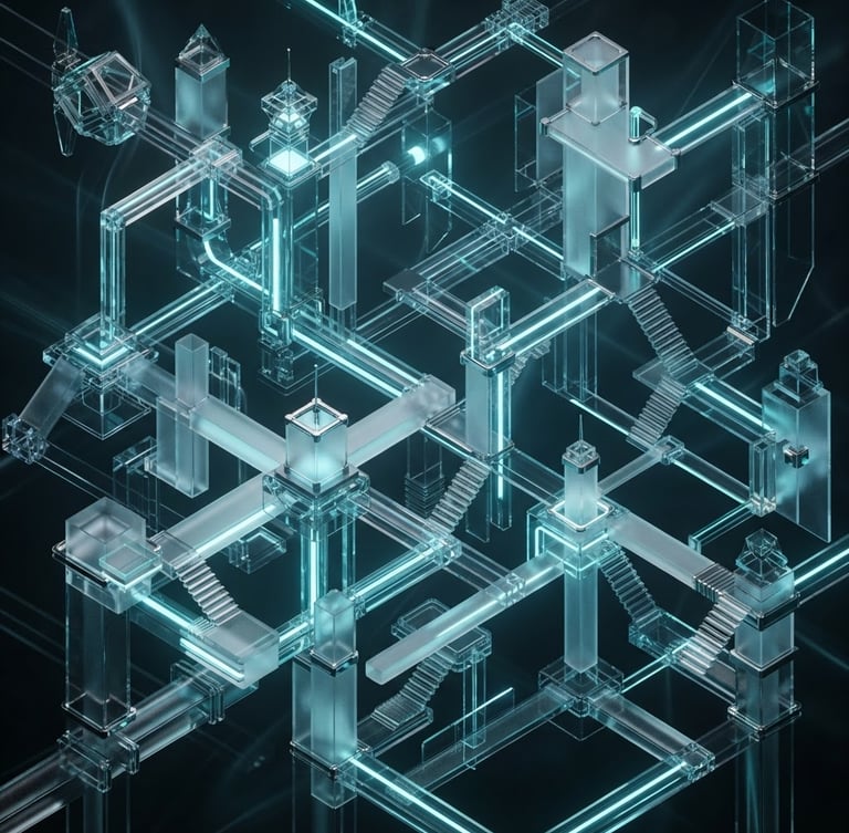 Sleek 3D render of abstract glass structures refracting cyan light, forming a complex architectural network, dark background, isometric perspective, octane render.