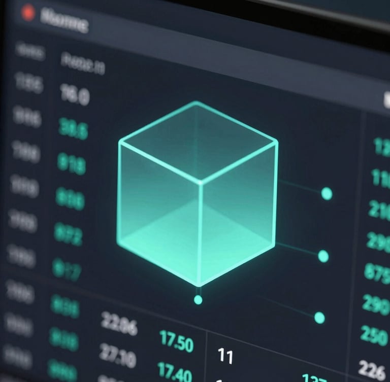 Close-up macro shot of a dark-mode terminal interface displaying real-time financial telemetry, glowing cyan accents, frosted glassmorphism