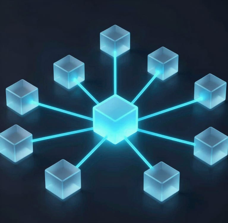 Wide isometric angle of abstract digital supply chain nodes, glowing sky-blue lines connecting frosted glass blocks, low-key ambient lighting