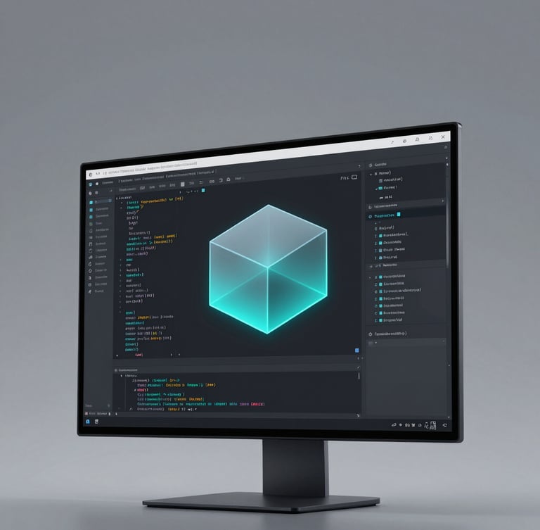 Clean architectural workspace with minimalist design, sharp lines, and subtle cyan lighting accents, a single high-resolution monitor displaying dark-mode code, close-up macro shot, octane render.