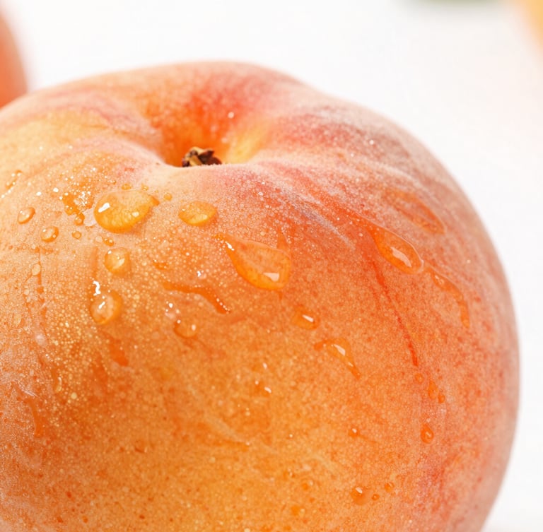 Extreme close-up macro shot of a sliced ripe heritage peach, glistening orange textures and juice droplets, bright high-key natural daylight, shallow depth of field