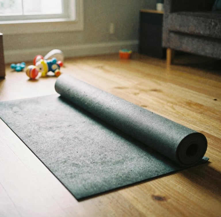 Candid 35mm film photo of a dusty workout mat rolled out on a cluttered living room floor, baby toys scattered nearby, soft warm light streaming from a window, intimate snapshot