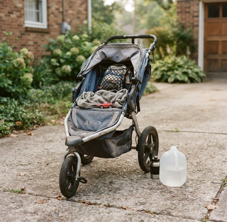 Candid film snapshot, soft morning light, a slightly worn jogging stroller parked in a concrete driveway next to a half-empty gallon water jug, warm muted tones, grainy 35mm.