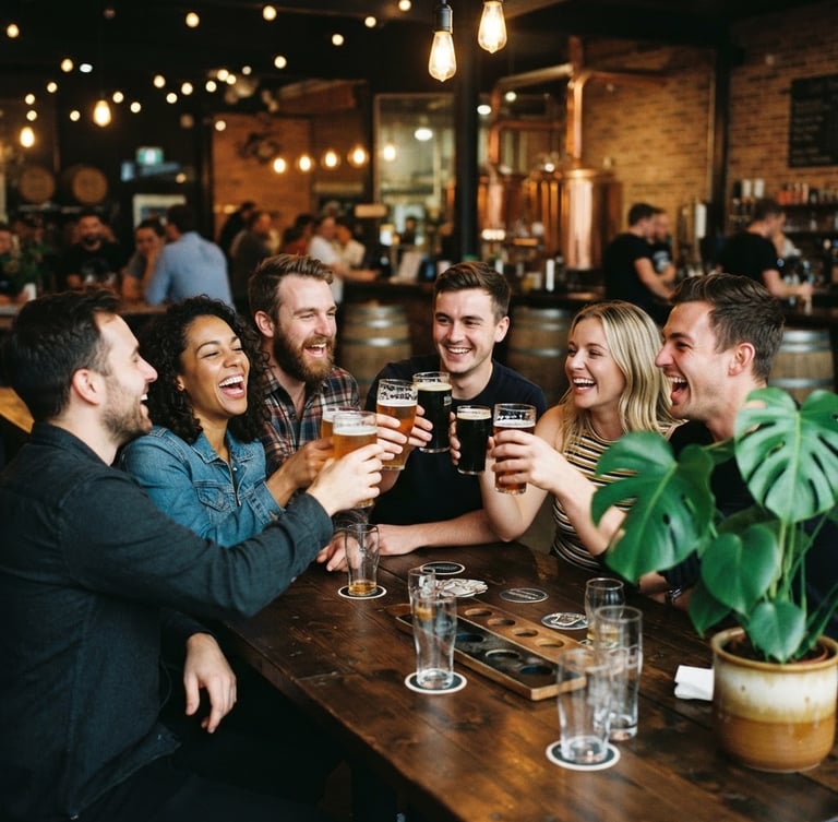 A candid 35mm photograph of happy adults laughing at a brewery table, raising craft beer glasses next to a vibrant monstera plant, warm ambient lighting.