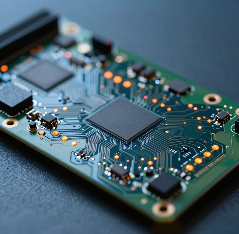 Macro shot of a high-end smart TV circuit board with orange indicator lights, clinical cool blue background, sharp focus.