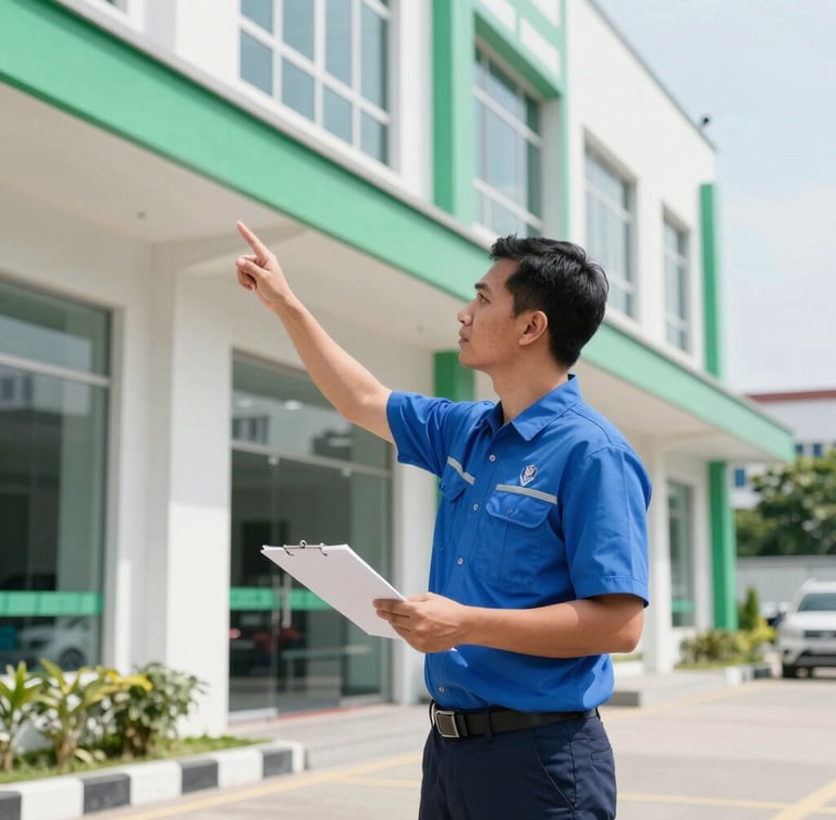 A professional facility services technician in Semarang wearing clean corporate uniform inspecting a modern commercial building exterior, bright natural daylight, crisp focus, 35mm lens
