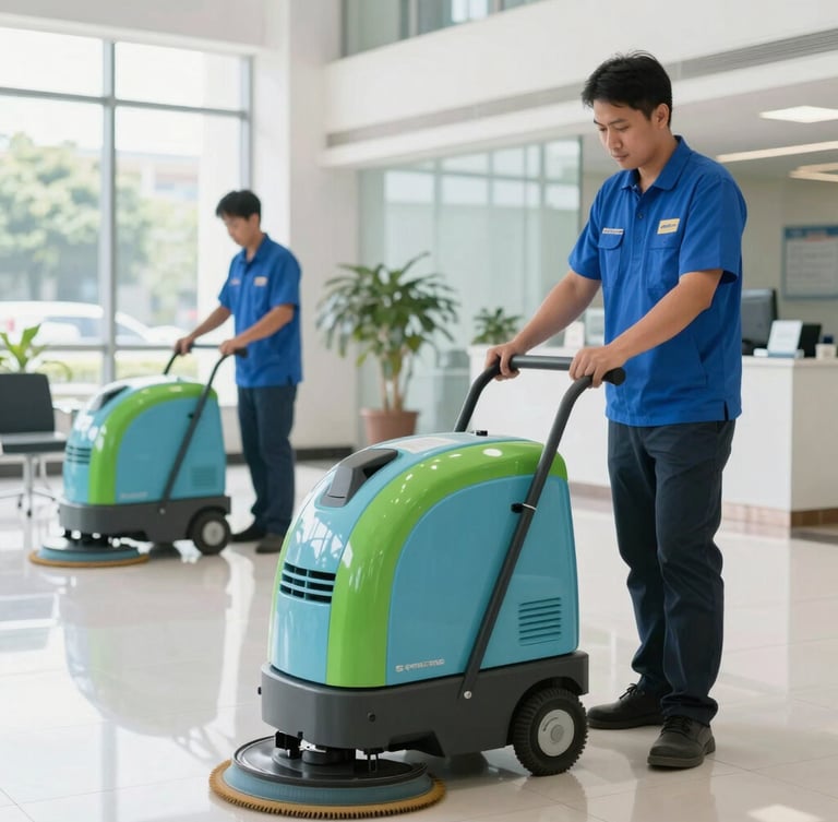Professional cleaning staff operating industrial floor scrubbers in a bright, clean Semarang commercial lobby, natural daylight, 35mm lens