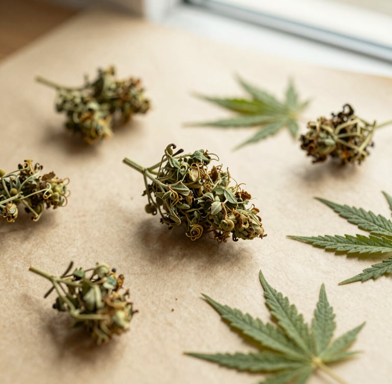 Overhead flat-lay of dried green organic hemp buds next to raw botanical herbs on a warm parchment background, soft natural window light, macro depth of field