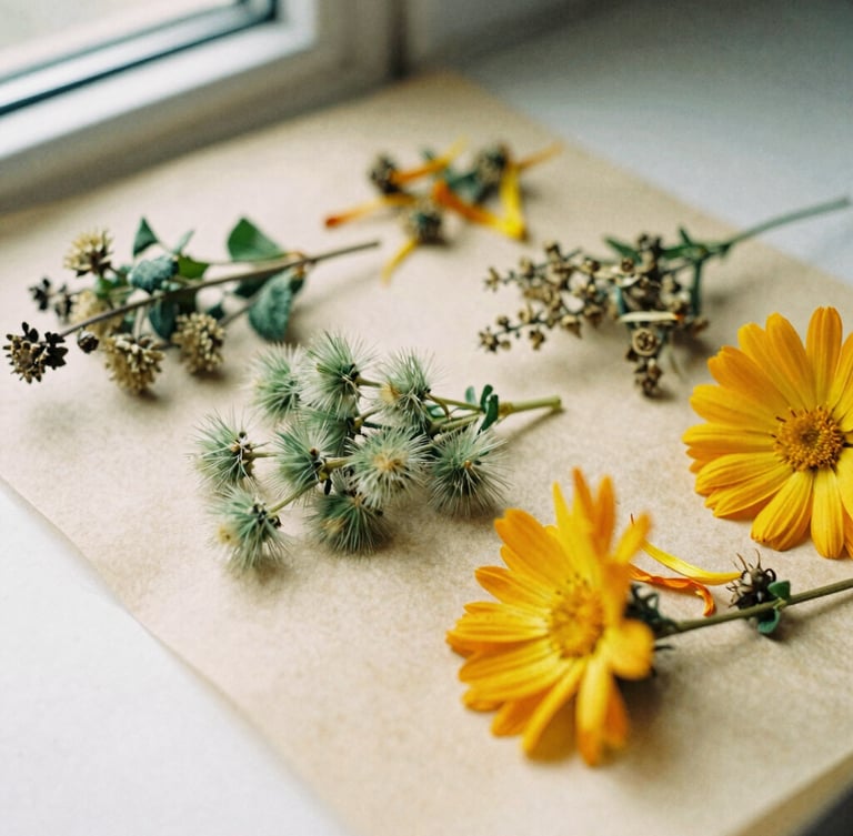 Overhead flat-lay of dried botanical herbs, including fluffy green mullein and golden calendula petals, arranged on antique parchment paper, soft natural window light, 35mm film texture.