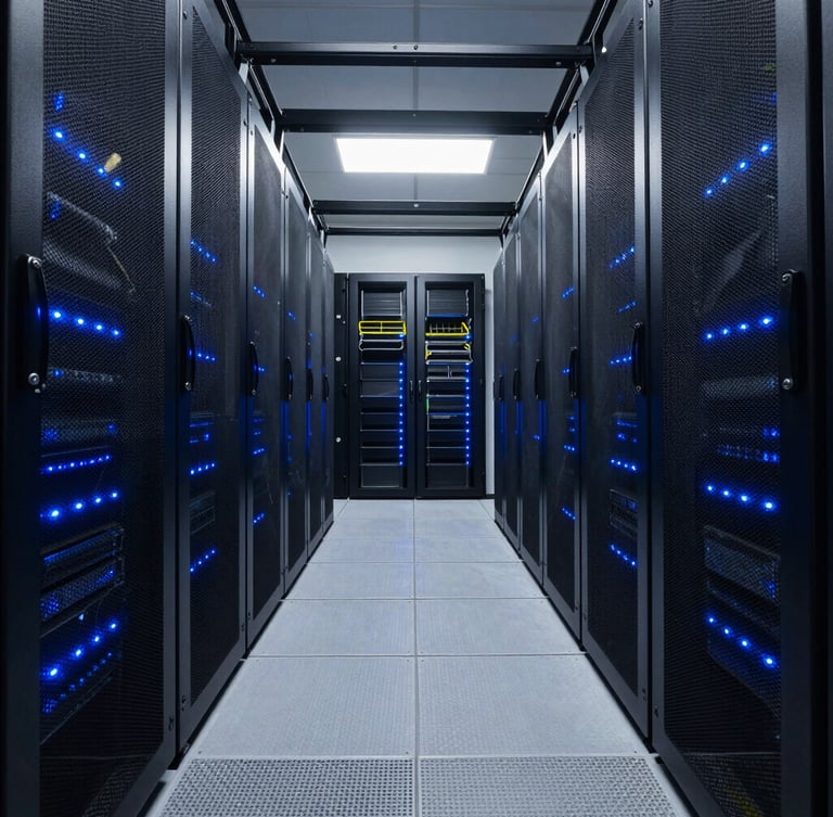 Wide, symmetrical architectural shot of modern data center server racks, sharp blue indicator lights, low-key lighting, cool controlled environment, high-precision infrastructure.