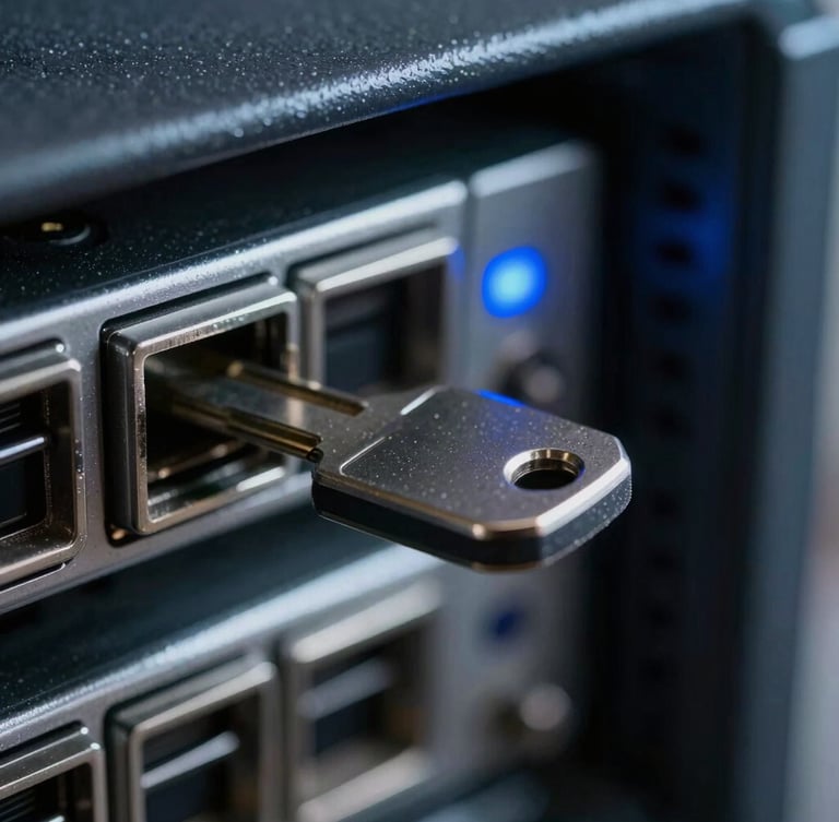 Macro close-up of a secure physical authentication hardware key inserted into a server unit, sharp blue status indicator light, cool low-key lighting, shallow depth of field