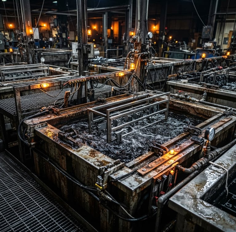 A close-up of heavy industrial plating tanks with dramatic workshop lighting, cool metallic steel tones, and amber safety lights reflecting off wet metal surfaces.