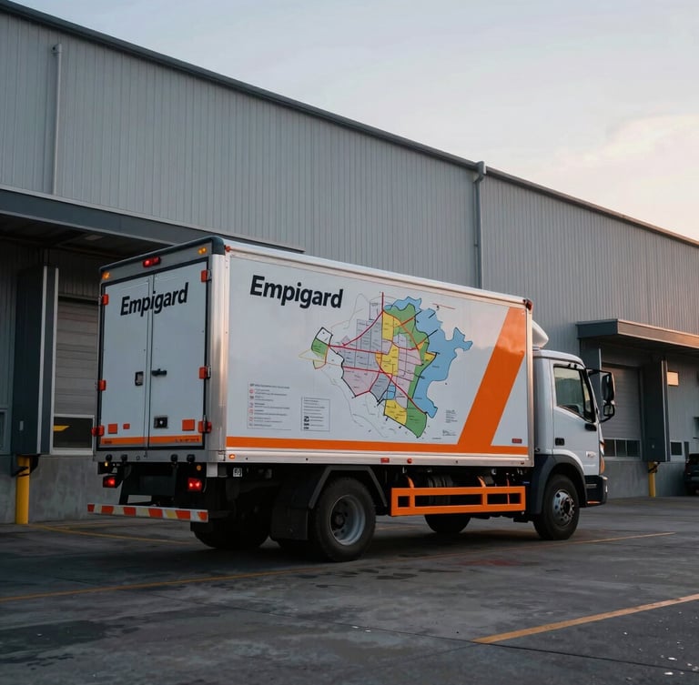 Wide panoramic shot of Empigard's branded delivery truck parked at a loading dock of a large industrial facility, early morning light, showing the regional service area map on the side, cool metallic tones with safety orange accents, low horizon.