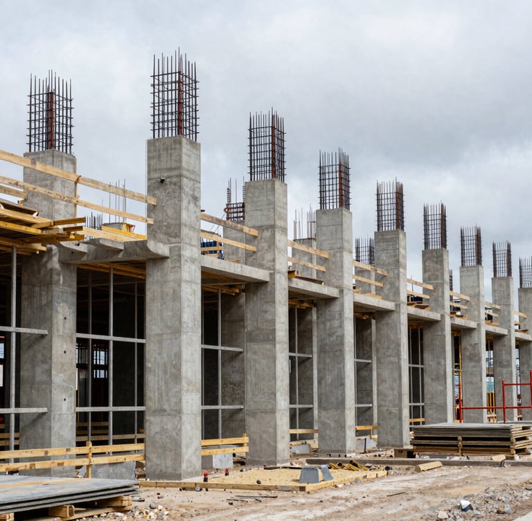 Wide environmental shot of an active construction site in Belgium, structural concrete columns under a cool overcast sky, high contrast, 35mm lens