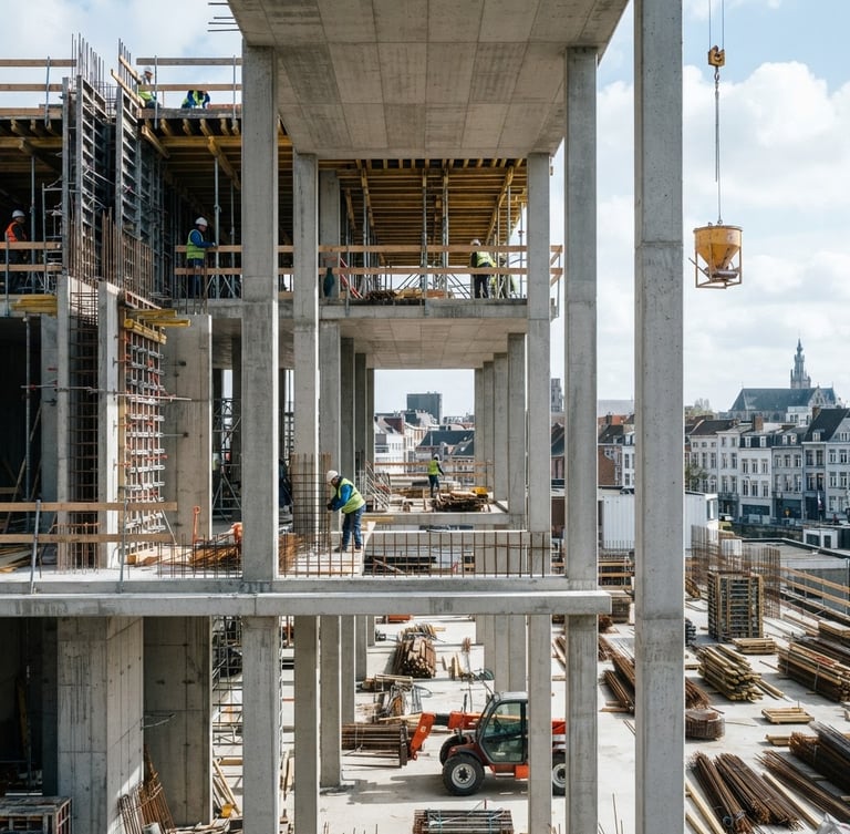 Straight-on medium shot of a modern Belgian construction site with concrete columns under high-contrast cool daylight, 35mm lens