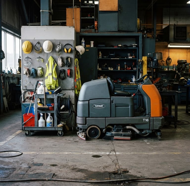 Straight-on medium shot of heavy-duty industrial cleaning equipment and organized safety gear on a concrete floor, cool daylight, high contrast slate and amber tones, 35mm lens
