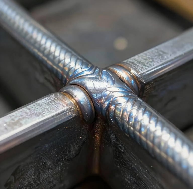 Extreme macro shot of a flawless structural steel weld profile, high-contrast industrial shop lighting highlighting the raw metallic texture and precise bead patterns