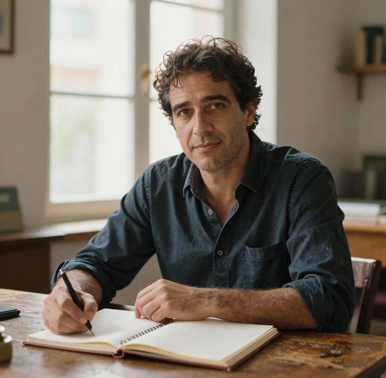 Warm portrait of a Spanish male writer in his late 30s, soft natural window light, sitting at a rustic wooden desk with open notebooks, low depth of field, 35mm photography