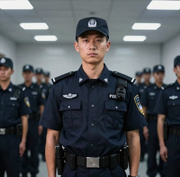 A sharp, eye-level portrait of a professional security guard in a clean navy uniform, standing at attention in a structured training facility, cool studio lighting.