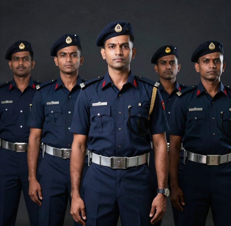 A sharp, eye-level portrait of disciplined Indian security personnel standing in crisp navy uniforms in a structured formation, cool studio lighting, deep navy tones.