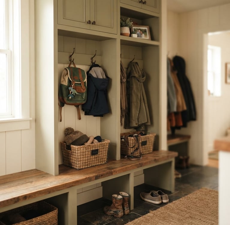 Realistic mudroom drop-zone with labeled bins and hooks, a child's backpack hanging, soft diffused natural light, muted earth tones, shallow depth of field, realistic home interior.