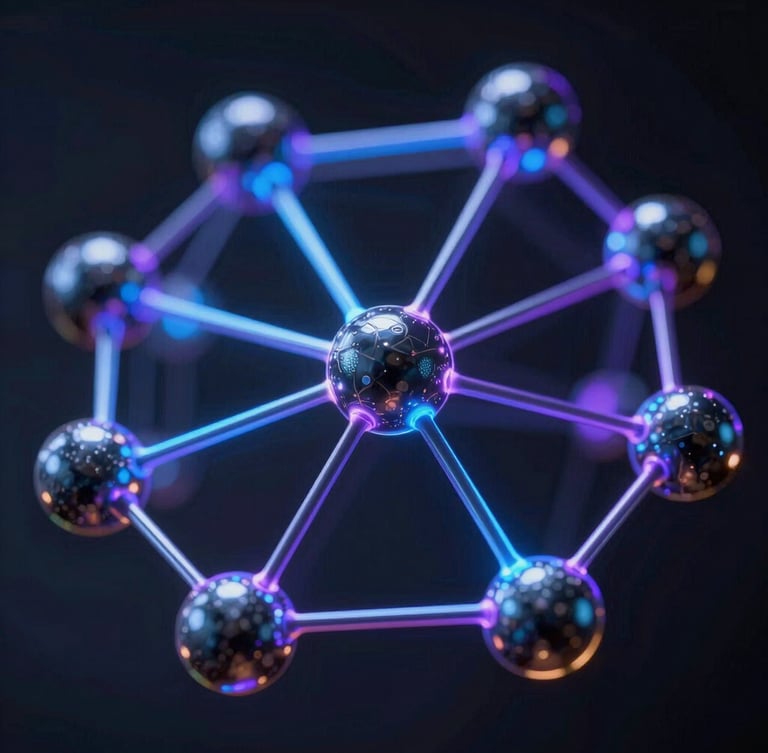 Macro shot of abstract 3D nodes with glowing network connections, high-contrast synthetic backlighting with electric blue and purple edge glows, dark metallic textures