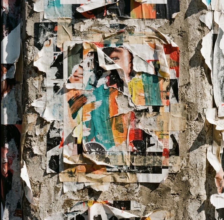 Extreme close-up of physical wild postings layered on a gritty concrete city wall, harsh direct sunlight, high-contrast shadows, 35mm film style.