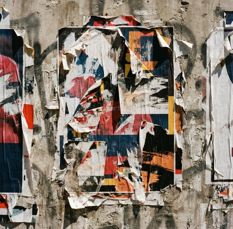 Gritty editorial photography of physical campaign posters pasted on a raw concrete city wall, harsh direct sunlight, deep high-contrast shadows, 35mm film.