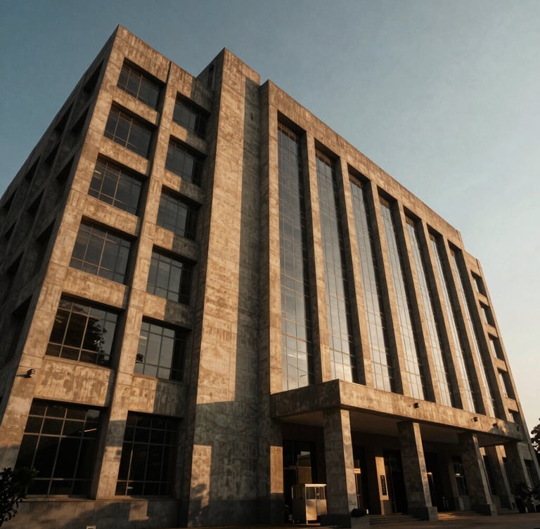 Low-angle heroic perspective of a massive concrete and glass institutional building in India, dramatic golden-hour sunlight casting deep geometric shadows, premium architectural photography style