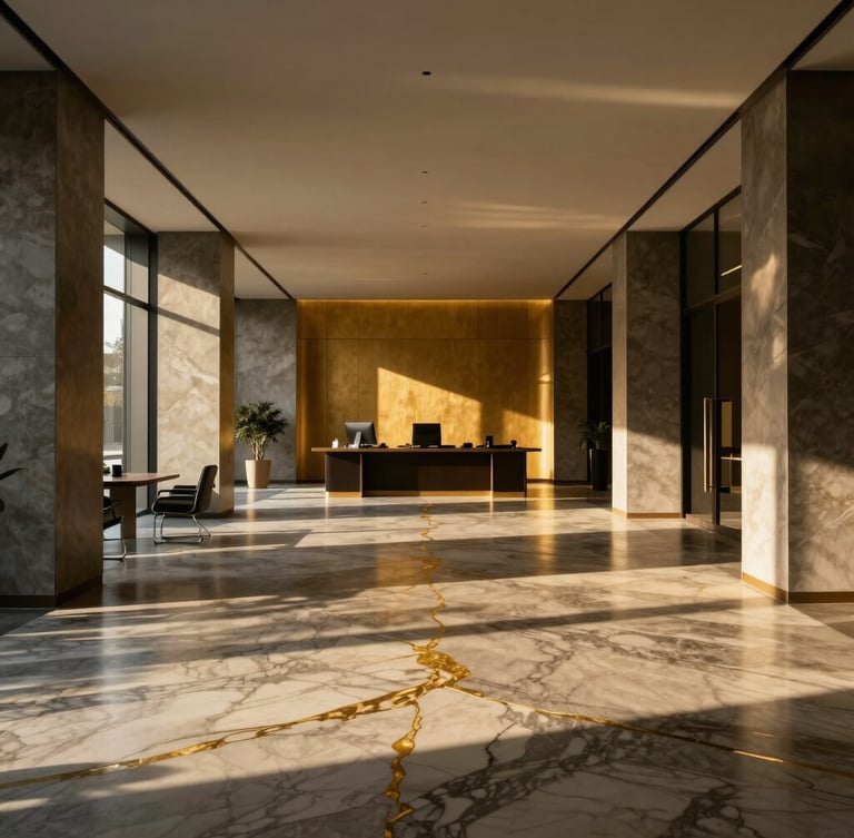 Symmetrical wide-angle perspective of a luxury minimalist office interior with marble floors and gold-veined accents, sharp shadows, premium architectural photography.