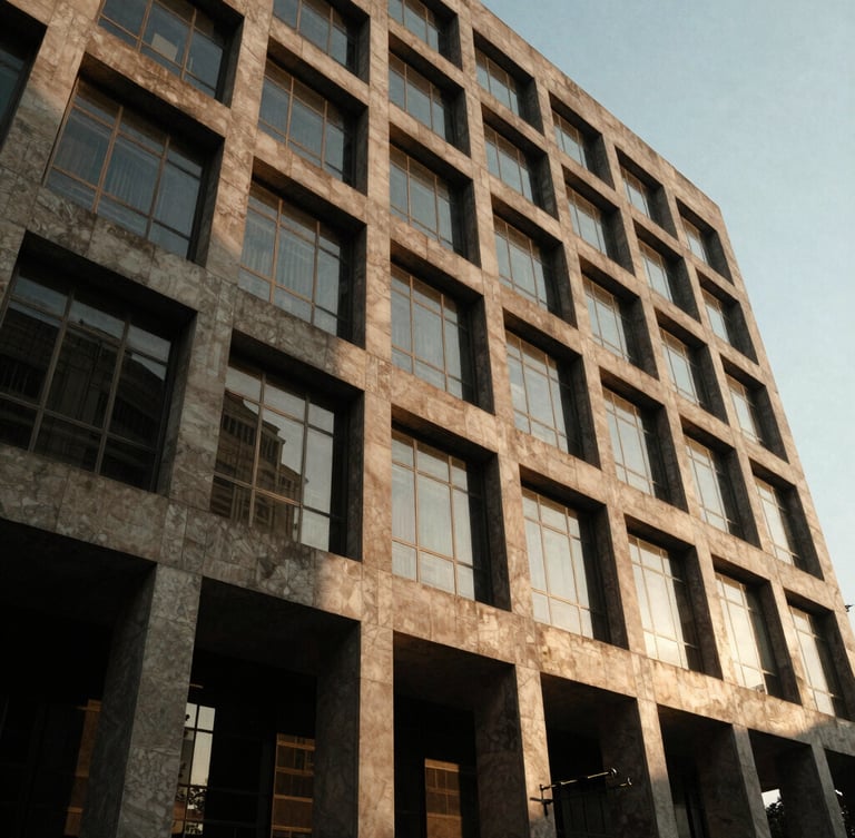 Low-angle heroic perspective of a modern institutional concrete and glass building facade in Delhi, dramatic golden-hour sunlight casting deep geometric shadows, premium architectural photography.