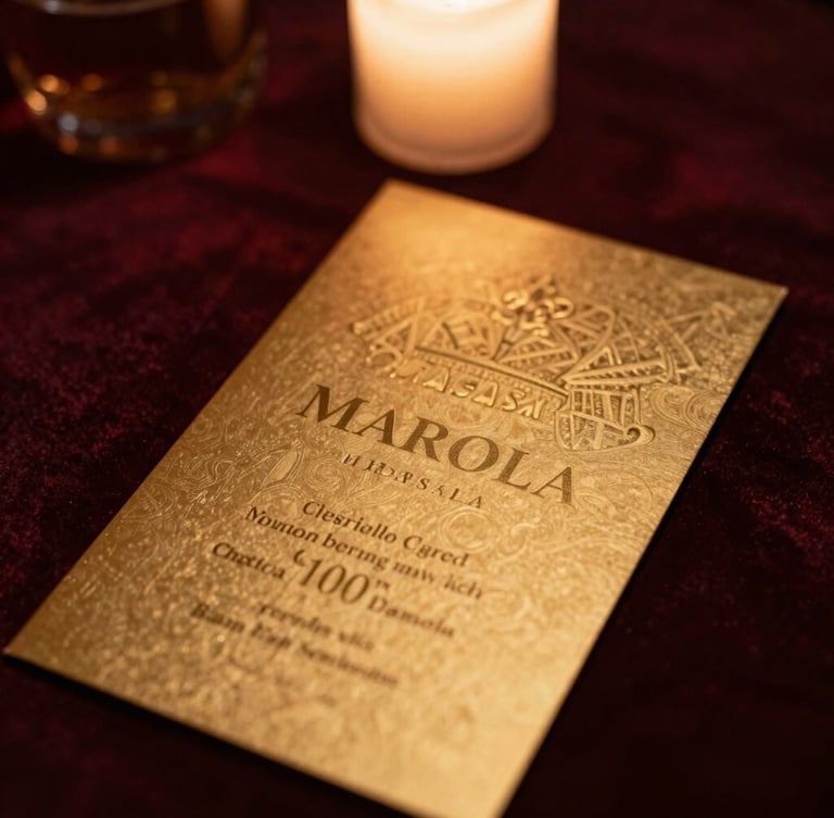 Moody editorial close-up of a luxury marsala and gold invitation card resting on a dark velvet surface, soft warm candlelight glow, shallow depth of field