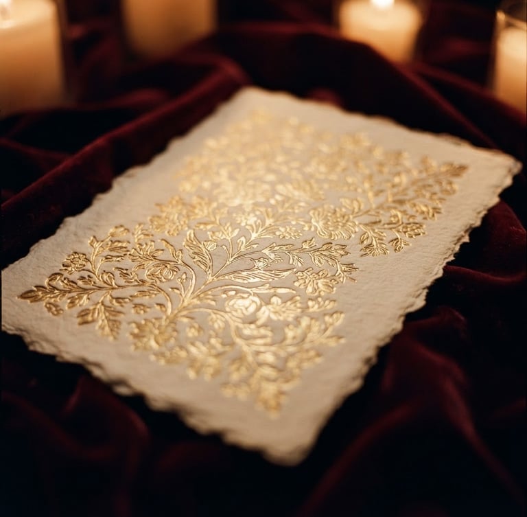 Moody editorial photography, close-up of a delicate gold foil invitation resting on deep marsala velvet, warm candlelight glow, shallow depth of field