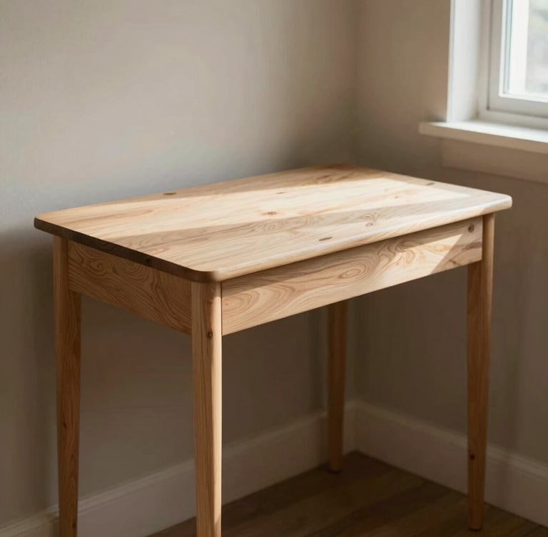A slim white oak writing desk placed in a sunlit residential corner, soft directional afternoon daylight, warm editorial photography, 35mm