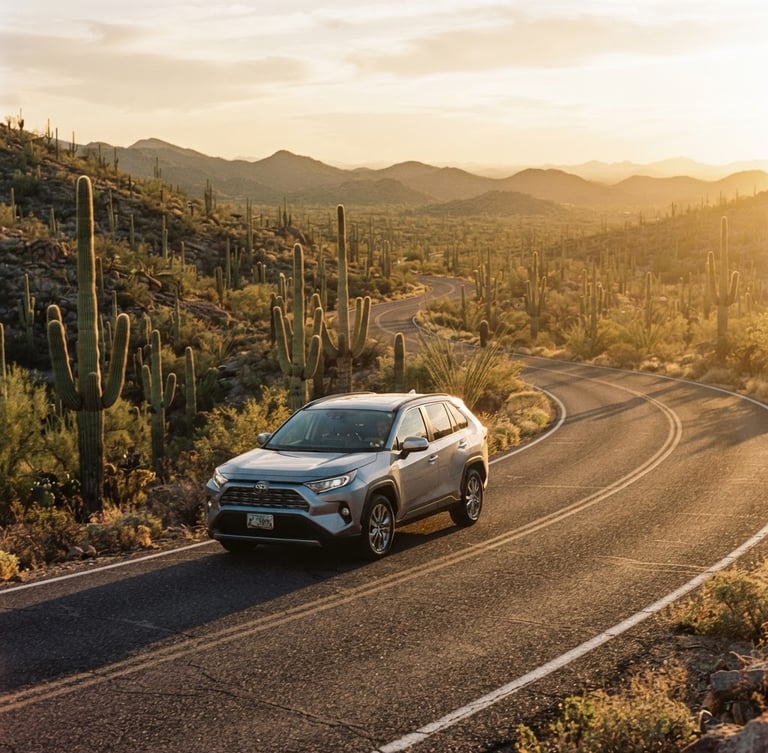 A clean modern SUV driving along a winding desert road through Saguaro National Park, towering saguaro cacti, warm golden hour sunlight casting long shadows, 35mm photography.