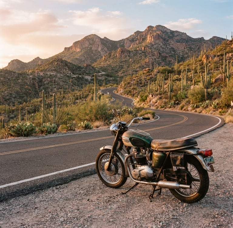 A vintage motorcycle parked on the side of a winding mountain highway leading up Mount Lemmon, giant saguaro cacti in the background, warm Arizona golden hour light, 35mm photography.