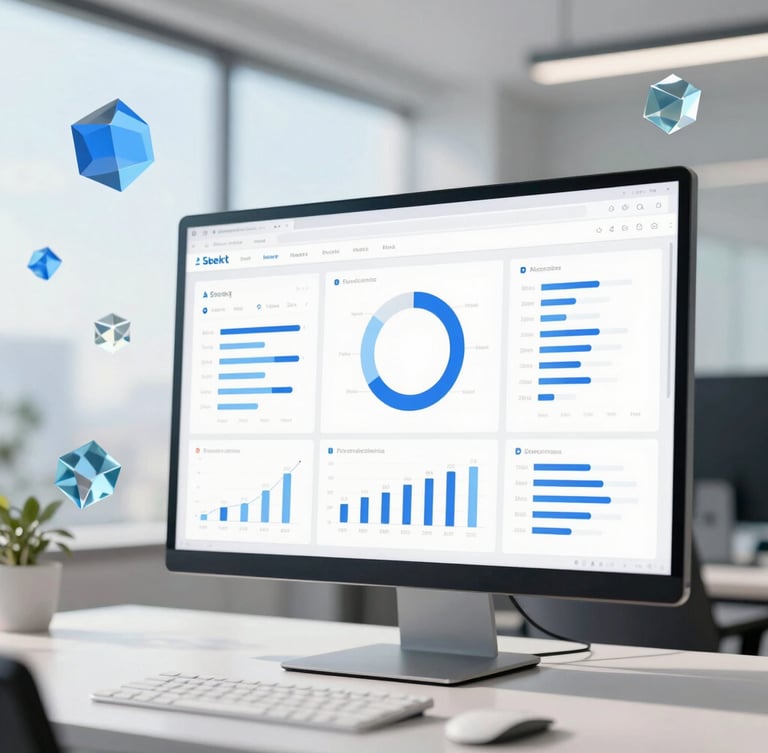 Sleek analytics dashboard on a large monitor in a modern, sunlit office, with abstract 3D glass-like geometry floating around, shallow depth of field.